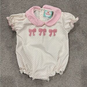 Smocked Flamingo Pink and White Polka Dot Baby Romper size NB